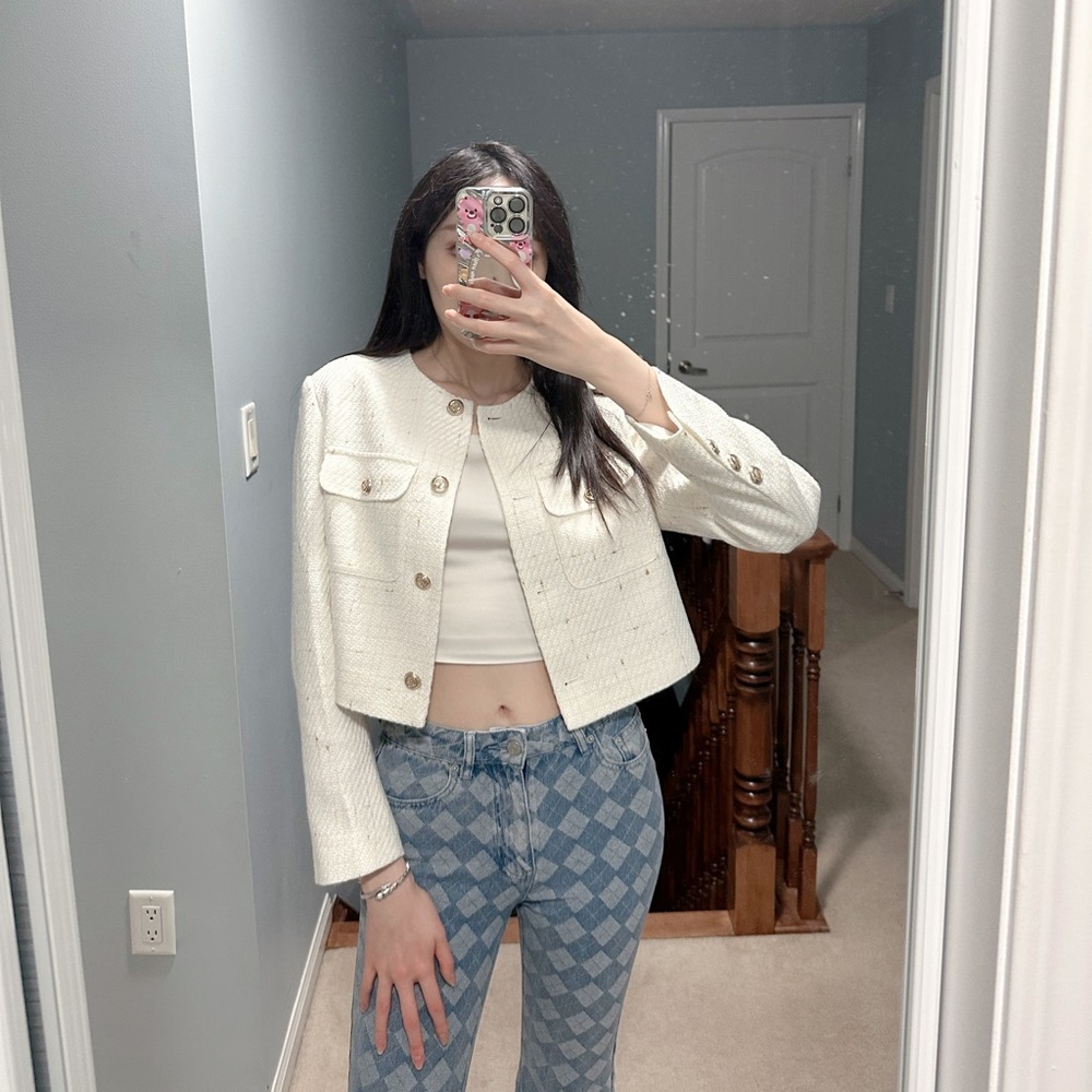 Ochirly White Tweed Jacket Blazer